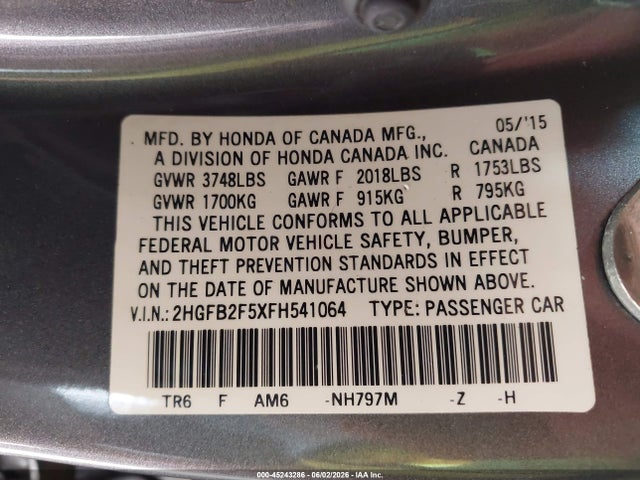 Продажа на аукционе авто 2015 Honda Civic Lx, vin: 2HGFB2F5XFH541064, номер лота: 45243286