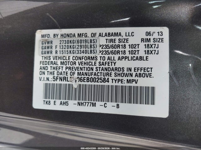 Aukcja sprzedaży 2014 Honda Odyssey Touring/touring Elite, vin: 5FNRL5H96EB002584, numer aukcji: 45243289