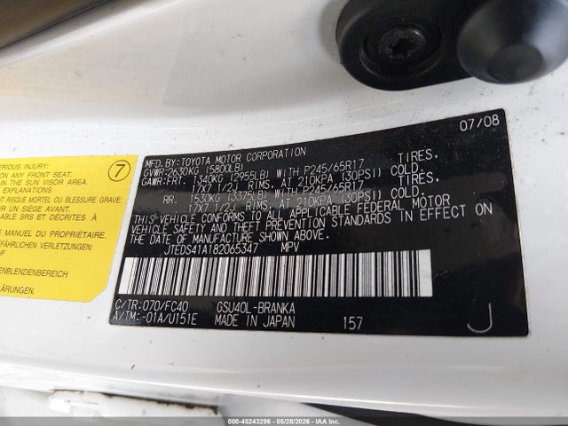 45243296 :رقم المزاد ، JTEDS41A182065347 vin ، 2008 Toyota Highlander مزاد بيع