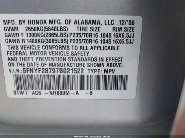 Продаж на аукціоні авто 2007 Honda Pilot Ex-l, vin: 5FNYF28797B021522, номер лоту: 45243298