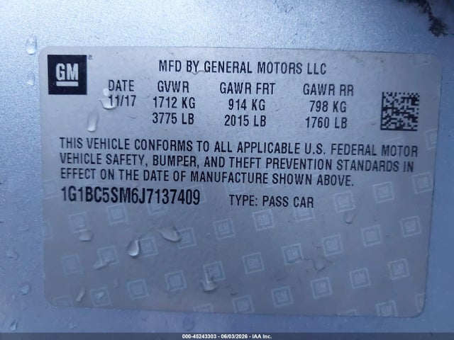 45243303 :رقم المزاد ، 1G1BC5SM6J7137409 vin ، 2018 Chevrolet Cruze Ls Auto مزاد بيع