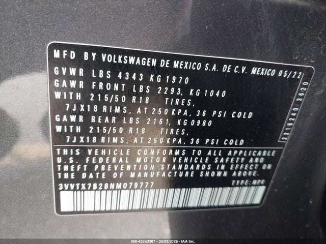2022 Volkswagen Taos 1.5t Se მანქანა იყიდება აუქციონზე, vin: 3VVTX7B28NM079777, აუქციონის ნომერი: 45243307
