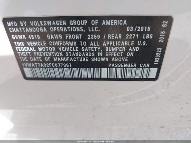 45243310 :رقم المزاد ، 1VWAT7A32FC077387 vin ، 2015 Volkswagen Passat 1.8t S مزاد بيع