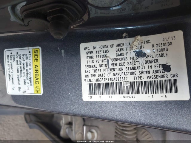 Aukcja sprzedaży 2013 Honda Accord Ex, vin: 1HGCR2F74DA096817, numer aukcji: 45243328