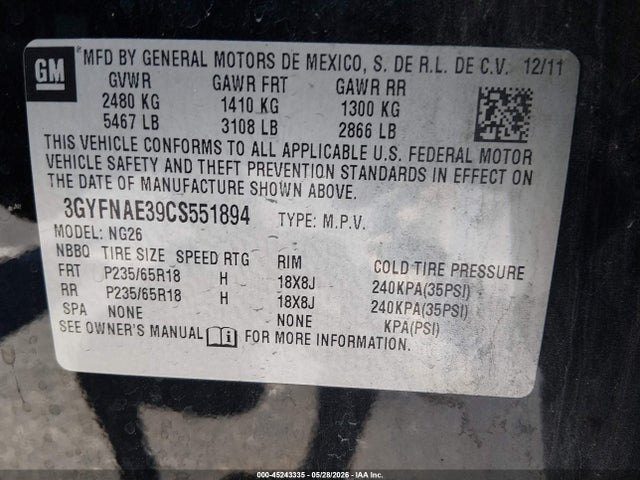 45243335 :رقم المزاد ، 3GYFNAE39CS551894 vin ، 2012 Cadillac Srx Luxury Collection مزاد بيع