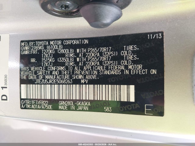 JTEZU5JR2E5068263 Toyota 4runner Limited/sr5/sr5 Premium