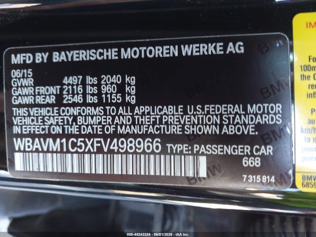 2015 Bmw X1 Sdrive28i მანქანა იყიდება აუქციონზე, vin: WBAVM1C5XFV498966, აუქციონის ნომერი: 45243358
