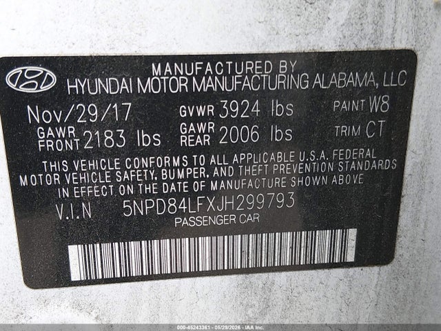 45243361 :رقم المزاد ، 5NPD84LFXJH299793 vin ، 2018 Hyundai Elantra Sel مزاد بيع
