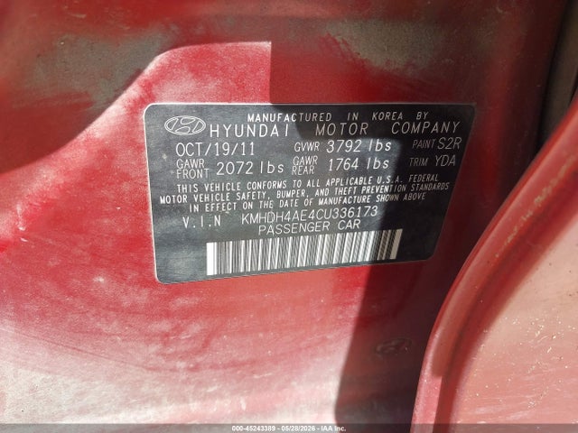 Продаж на аукціоні авто 2012 Hyundai Elantra Gls (ulsan Plant), vin: KMHDH4AE4CU336173, номер лоту: 45243389