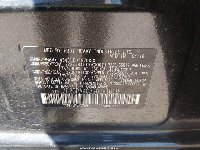 Aukcja sprzedaży 2016 Subaru Crosstrek 2.0i Limited, vin: JF2GPAKC8G8291609, numer aukcji: 45243412