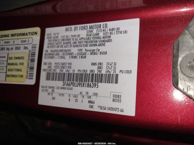 Продаж на аукціоні авто 2014 Ford Fusion Hybrid Se, vin: 3FA6P0LU9ER186395, номер лоту: 45243427