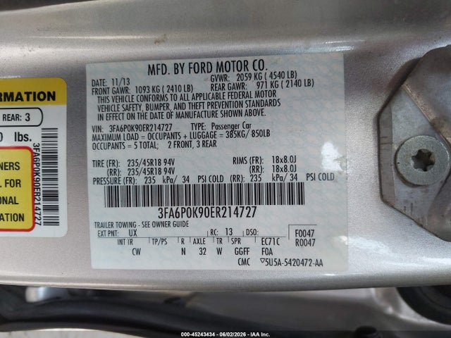 Продажа на аукционе авто 2014 Ford Fusion Titanium, vin: 3FA6P0K90ER214727, номер лота: 45243434