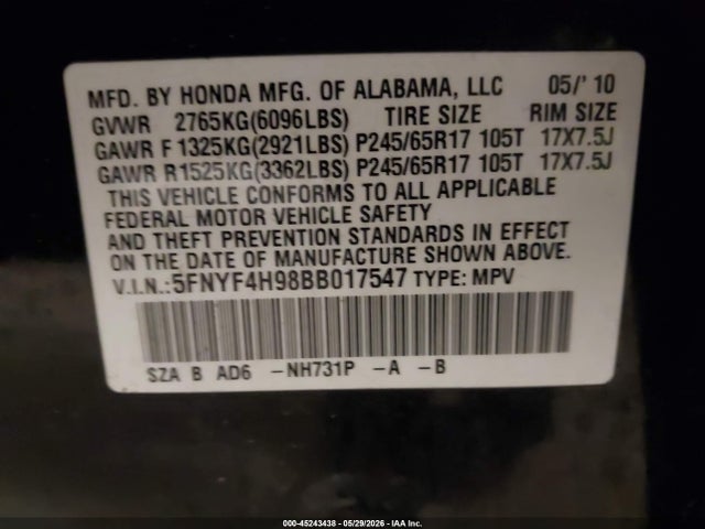 45243438 :رقم المزاد ، 5FNYF4H98BB017547 vin ، 2011 Honda Pilot Touring مزاد بيع
