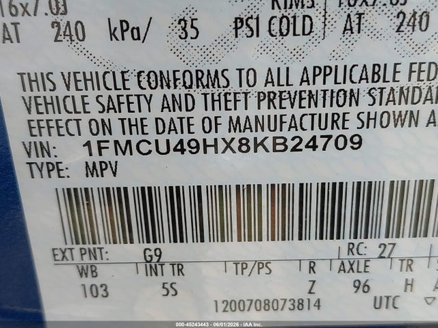 45243443 :رقم المزاد ، 1FMCU49HX8KB24709 vin ، 2008 Ford Escape Hybrid مزاد بيع
