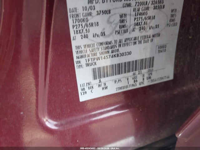 45243453 :رقم المزاد ، 1FTPW14574KB30330 vin ، 2004 Ford F-150 Fx4/lariat/xlt مزاد بيع