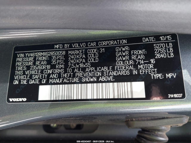 YV4612RMXG2850058 Volvo Xc60 T5 Platinum