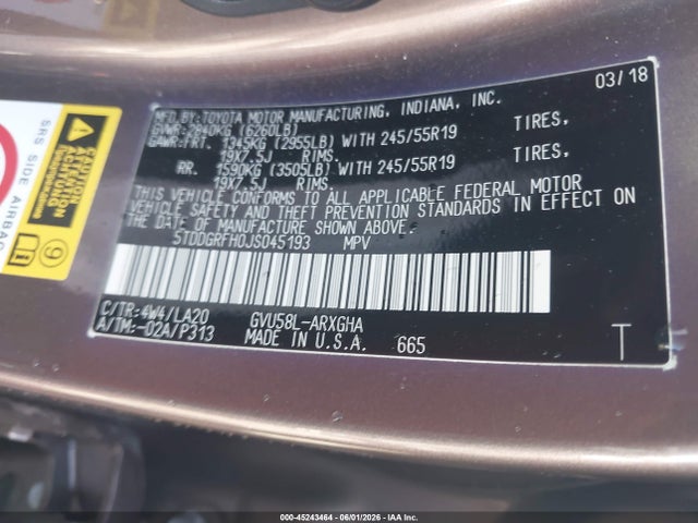 Aukcja sprzedaży 2018 Toyota Highlander Hybrid Limited Platinum, vin: 5TDDGRFH0JS045193, numer aukcji: 45243464