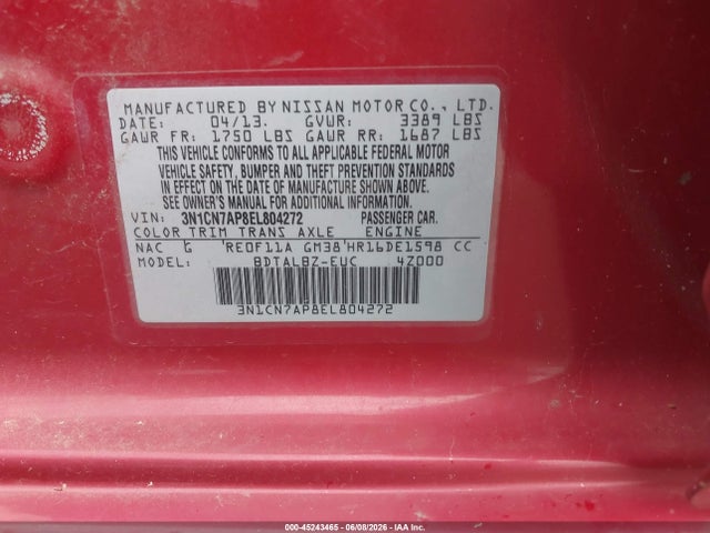 45243465 :رقم المزاد ، 3N1CN7AP8EL804272 vin ، 2014 Nissan Versa 1.6 Sv مزاد بيع