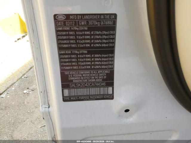 Продаж на аукціоні авто 2012 Land Rover Range Rover Sport Hse, vin: SALSK2D42CA744346, номер лоту: 45243466