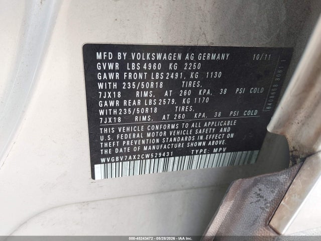 Aukcja sprzedaży 2012 Volkswagen Tiguan Se, vin: WVGBV7AX2CW529431, numer aukcji: 45243472