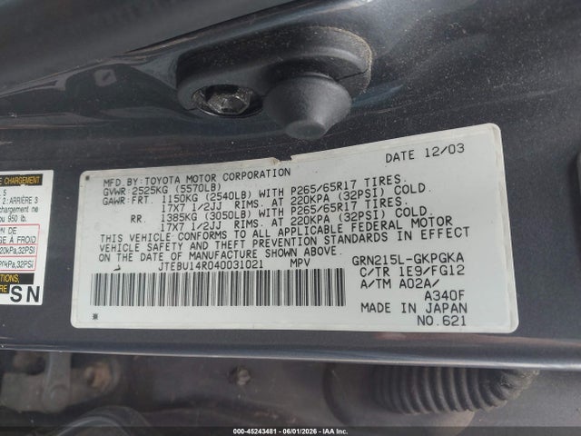 Aukcja sprzedaży 2004 Toyota 4runner Sr5 V6, vin: JTEBU14R040031021, numer aukcji: 45243481