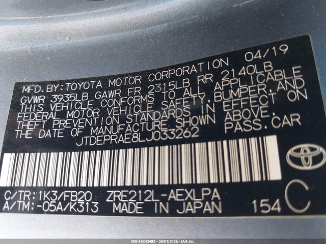 45243493 :رقم المزاد ، JTDEPRAE8LJ033262 vin ، 2020 Toyota Corolla Le مزاد بيع