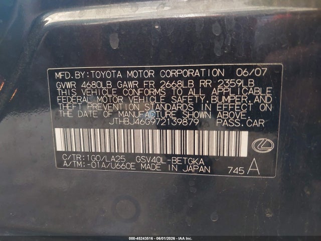 Aukcja sprzedaży 2007 Lexus Es 350, vin: JTHBJ46G972139879, numer aukcji: 45243516