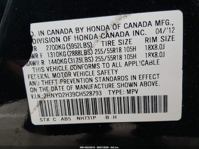 Продажа на аукционе авто 2012 Acura Mdx Technology Package, vin: 2HNYD2H39CH528793, номер лота: 45243518