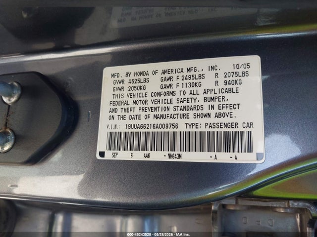 Aukcja sprzedaży 2006 Acura Tl, vin: 19UUA66216A009756, numer aukcji: 45243528