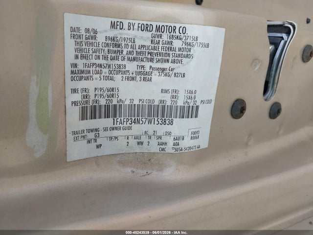 2007 Ford Focus S/se/ses მანქანა იყიდება აუქციონზე, vin: 1FAFP34N57W153838, აუქციონის ნომერი: 45243539