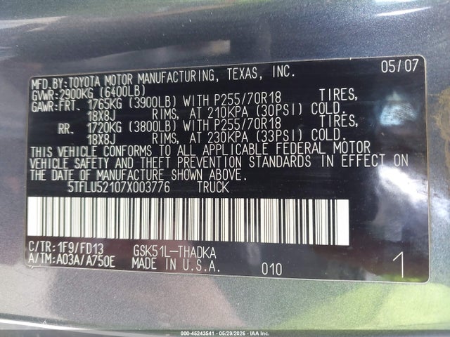 Aukcja sprzedaży 2007 Toyota Tundra Base V6, vin: 5TFLU52107X003776, numer aukcji: 45243541