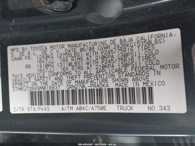 Aukcja sprzedaży 2009 Toyota Tacoma Prerunner V6, vin: 3TMKU72NX9M018837, numer aukcji: 45243567