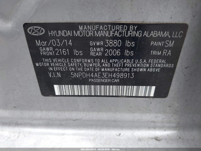 45243570 :رقم المزاد ، 5NPDH4AE3EH498913 vin ، 2014 Hyundai Elantra Se مزاد بيع
