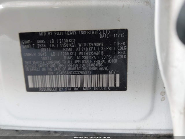 45243571 :رقم المزاد ، 4S4BSANCXG3265878 vin ، 2016 Subaru Outback 2.5i Limited مزاد بيع