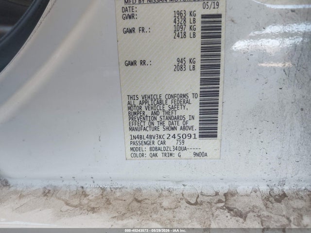 Aukcja sprzedaży 2019 Nissan Altima 2.5 S, vin: 1N4BL4BV3KC245091, numer aukcji: 45243573