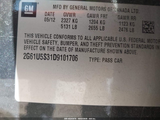 45243576 :رقم المزاد ، 2G61U5S31D9101706 vin ، 2013 Cadillac Xts Platinum مزاد بيع