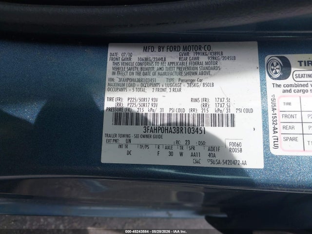 Aukcja sprzedaży 2011 Ford Fusion Se, vin: 3FAHP0HA3BR103451, numer aukcji: 45243584