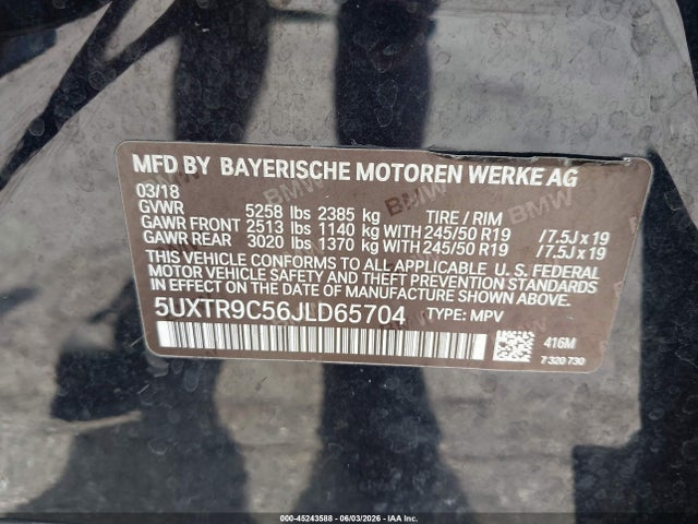 Продаж на аукціоні авто 2018 Bmw X3 Xdrive30i, vin: 5UXTR9C56JLD65704, номер лоту: 45243588