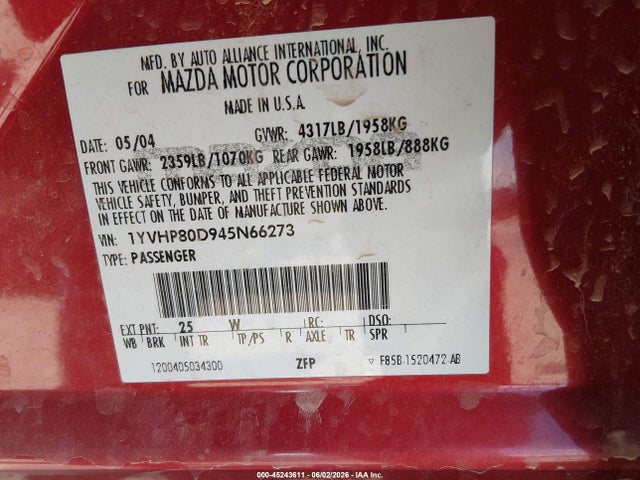Aukcja sprzedaży 2004 Mazda Mazda6 S, vin: 1YVHP80D945N66273, numer aukcji: 45243611