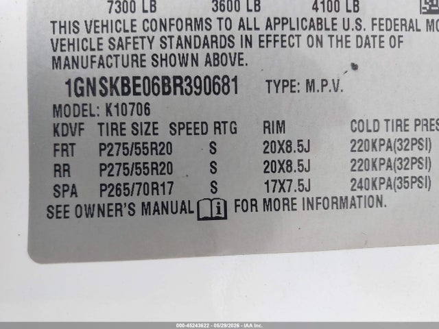 45243622 :رقم المزاد ، 1GNSKBE06BR390681 vin ، 2011 Chevrolet Tahoe Lt مزاد بيع