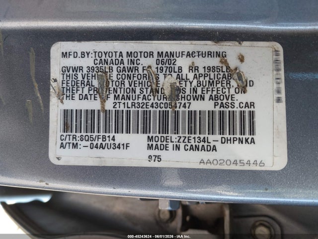 Aukcja sprzedaży 2003 Toyota Matrix Xr, vin: 2T1LR32E43C054747, numer aukcji: 45243624