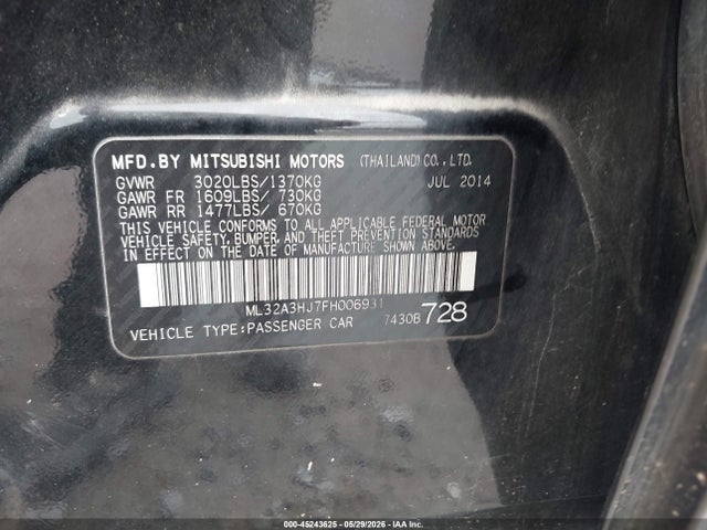 Продаж на аукціоні авто 2015 Mitsubishi Mirage De, vin: ML32A3HJ7FH006931, номер лоту: 45243625