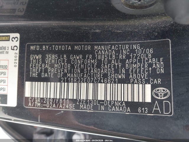Aukcja sprzedaży 2007 Toyota Corolla Le, vin: 2T1BR32E07C746621, numer aukcji: 45243645