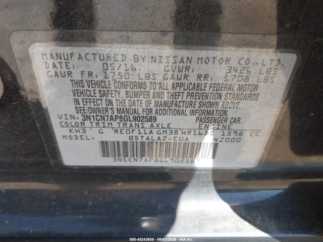 Aukcja sprzedaży 2016 Nissan Versa 1.6 S+, vin: 3N1CN7AP8GL902589, numer aukcji: 45243650