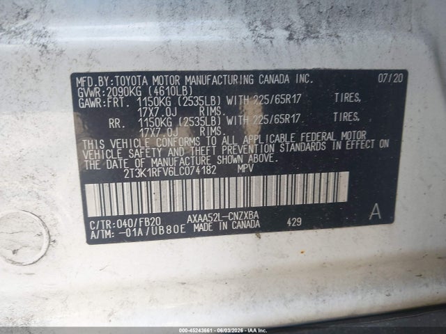 Aukcja sprzedaży 2020 Toyota Rav4 Le, vin: 2T3K1RFV6LC074182, numer aukcji: 45243661