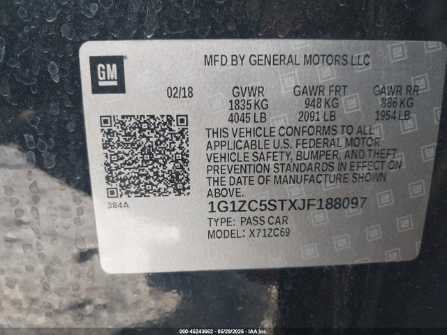 45243662 :رقم المزاد ، 1G1ZC5STXJF188097 vin ، 2018 Chevrolet Malibu 1fl مزاد بيع