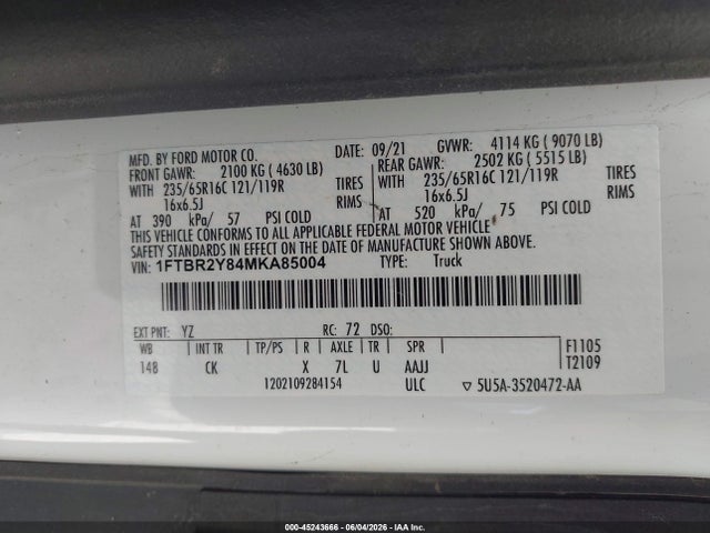 Aukcja sprzedaży 2021 Ford Transit-250, vin: 1FTBR2Y84MKA85004, numer aukcji: 45243666