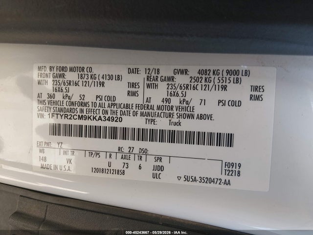 Продажа на аукционе авто 2019 Ford Transit-250, vin: 1FTYR2CM9KKA34920, номер лота: 45243667