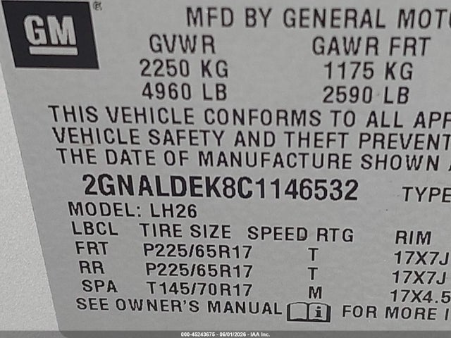 Продаж на аукціоні авто 2012 Chevrolet Equinox 1lt, vin: 2GNALDEK8C1146532, номер лоту: 45243675