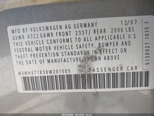 Aukcja sprzedaży 2008 Volkswagen Gti 4-door, vin: WVWHV71K38W201509, numer aukcji: 45243680